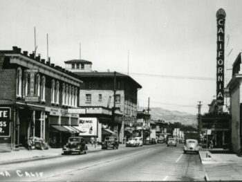 View looking east down Washington Street toward Keller Street, Petaluma. California Theatre on the right. Credit: Sonoma County Library