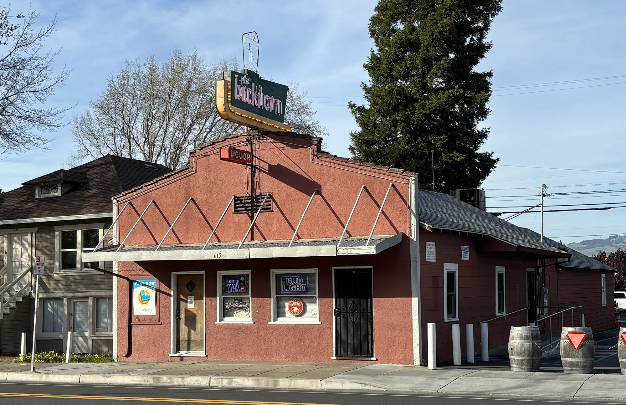 brick building with buckhorn sign